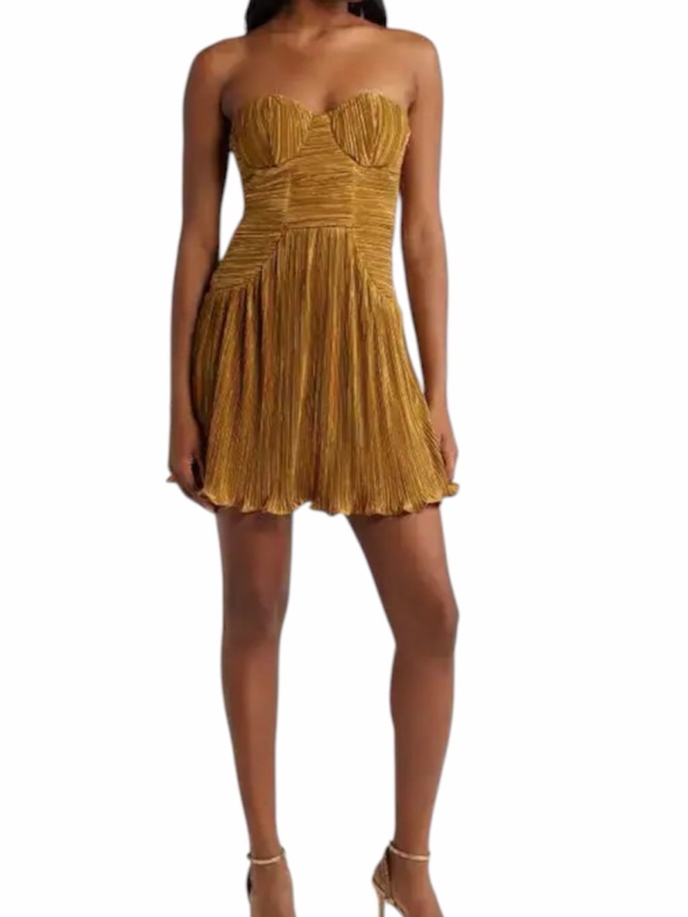 Lulu’s Deeply Glamorous Gold Plisse Strapless Drop Waist Pleated Mini Dress M
